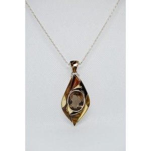 Large Tiger's Eye Smokey Quartz Pendant Necklace 20" (#17)